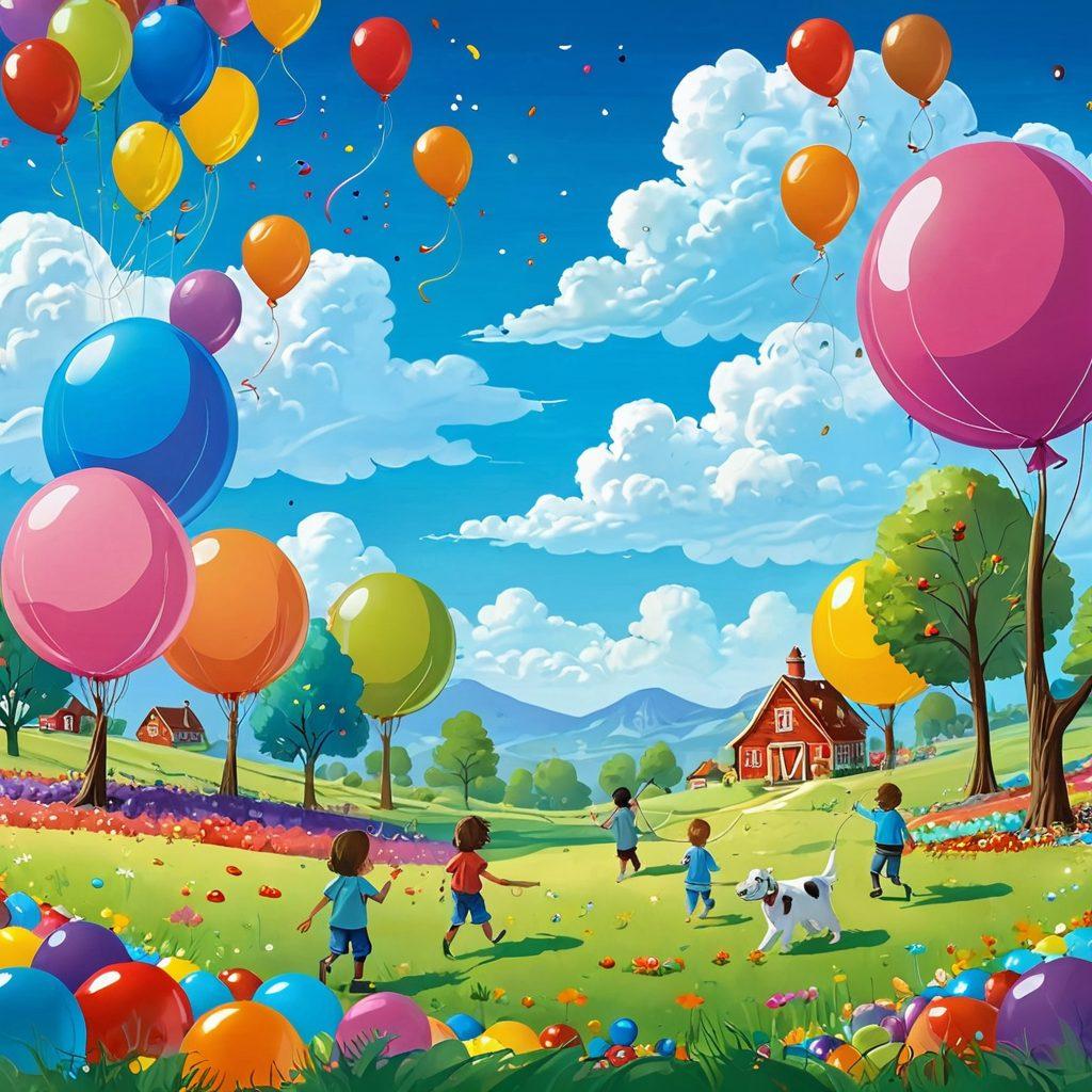 A colorful and whimsical landscape filled with giant jellybeans of various shapes and sizes, scattered across a sunny meadow where diverse people of all ages are sharing their jellybean stories and adventures. Lively balloons, playful pets, and sparkling confetti add to the festive atmosphere, creating a sense of community and joy. The sky is bright blue with fluffy clouds, enhancing the cheerful mood. cartoon style. vibrant colors. playful illustration.