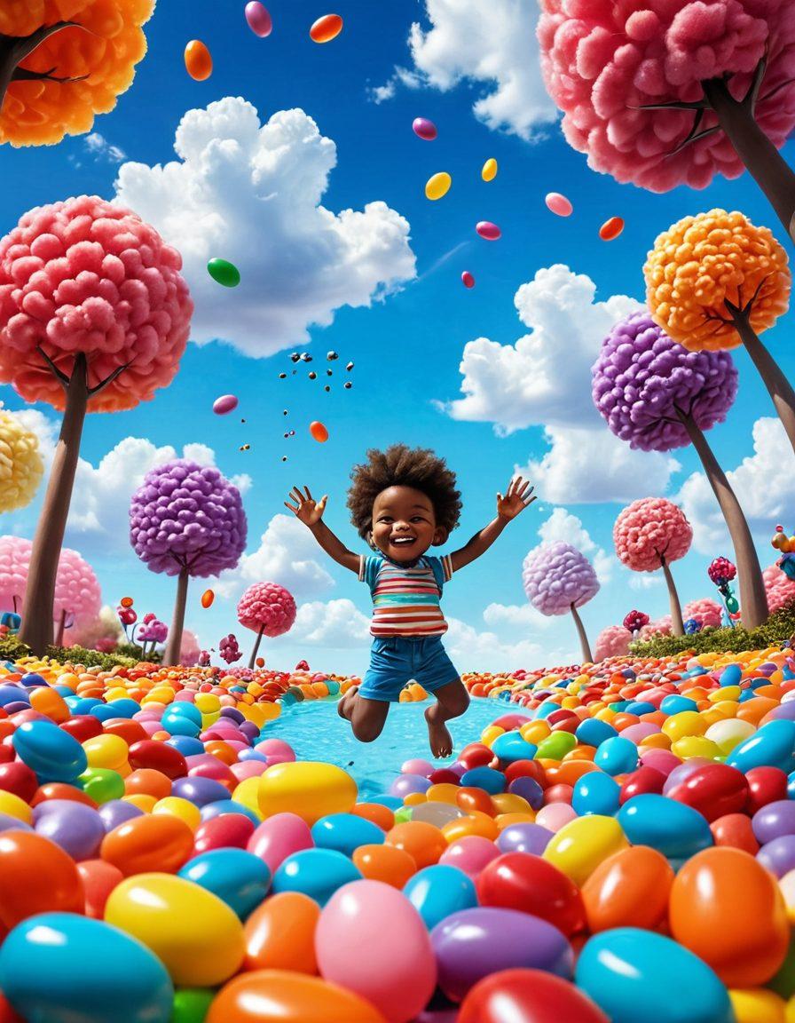 A colorful, playful landscape filled with oversized jellybeans in various flavors and shapes, surrounded by whimsical elements like candy trees and swirling cotton candy clouds. A cheerful child with a joyful expression is joyfully diving into a pool of jellybeans, symbolizing pure delight. The scene is bright and inviting, radiating happiness and fun. vibrant colors. cartoon style.