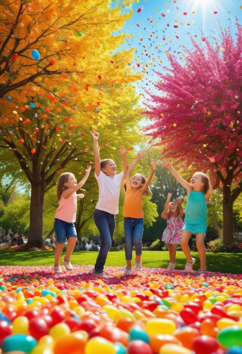 A whimsical scene filled with colorful jellybeans cascading from the sky like confetti, creating a joyful atmosphere. Children and adults alike are shown laughing and playing, with giant jellybeans serving as playful props. The background features a sunny park with vibrant flowers and trees, embodying cheerfulness and fun. Use bright and cheerful colors to evoke a sense of happiness. super-realistic. vibrant colors. children's illustration.